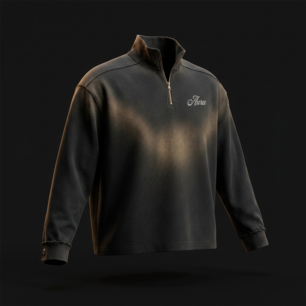 AURA / 106 — SUN FADE RAW EDGE QUARTER-ZIP SWEATSHIRT