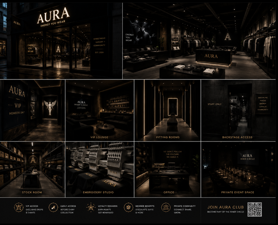 Konceptbilleder af en kommende fysisk AURA-butik: facade, VIP-lounge, fitting rooms, broderistudie og privat eventrum