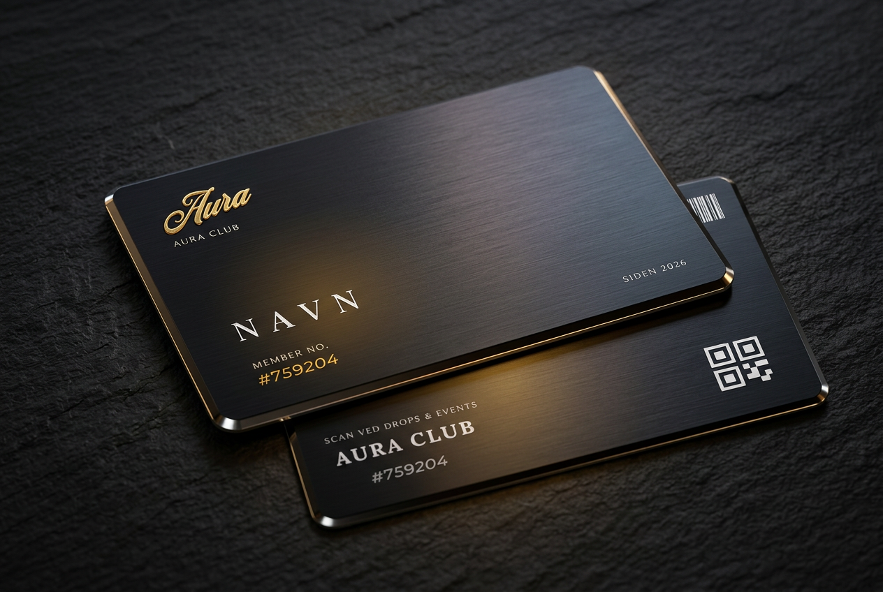 AURA CLUB medlemskort i børstet sort metal med guldindlæg — for- og bagside